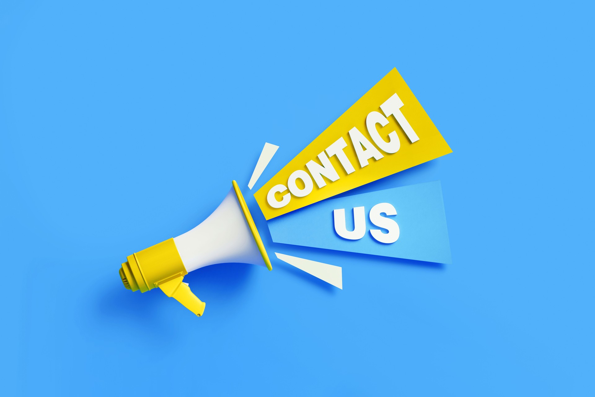 Contact Us Coming Out From Yellow Megaphone On Blue Background - Contact Us Concept