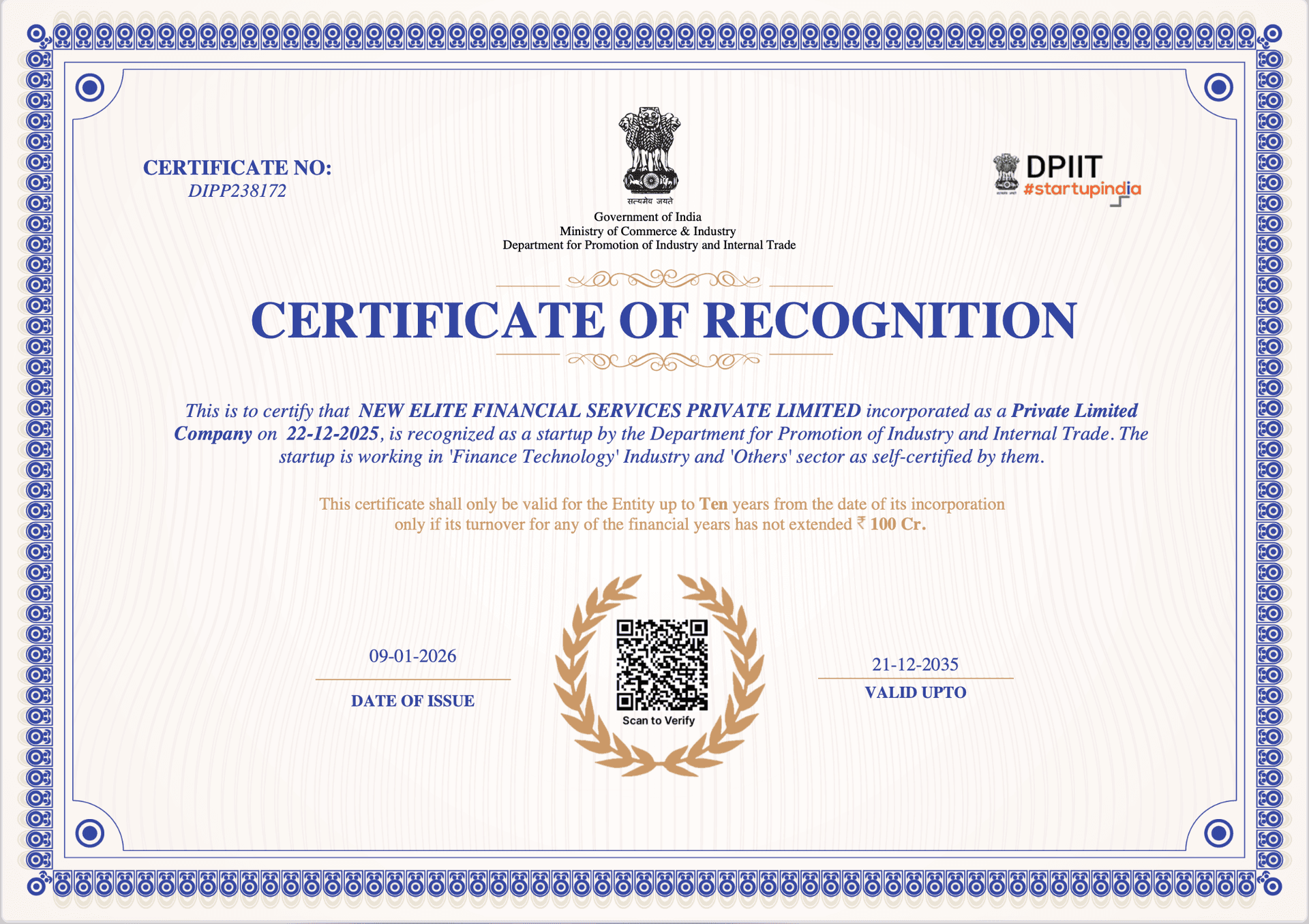 Startup India Recognition - Elite Financial Services